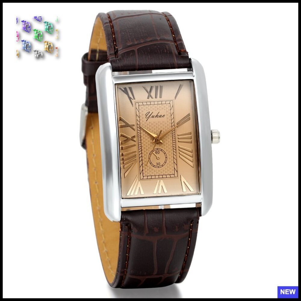 Vintage Square Watch Roman Numerals Leather Strap Classic Retro Analog Quartz